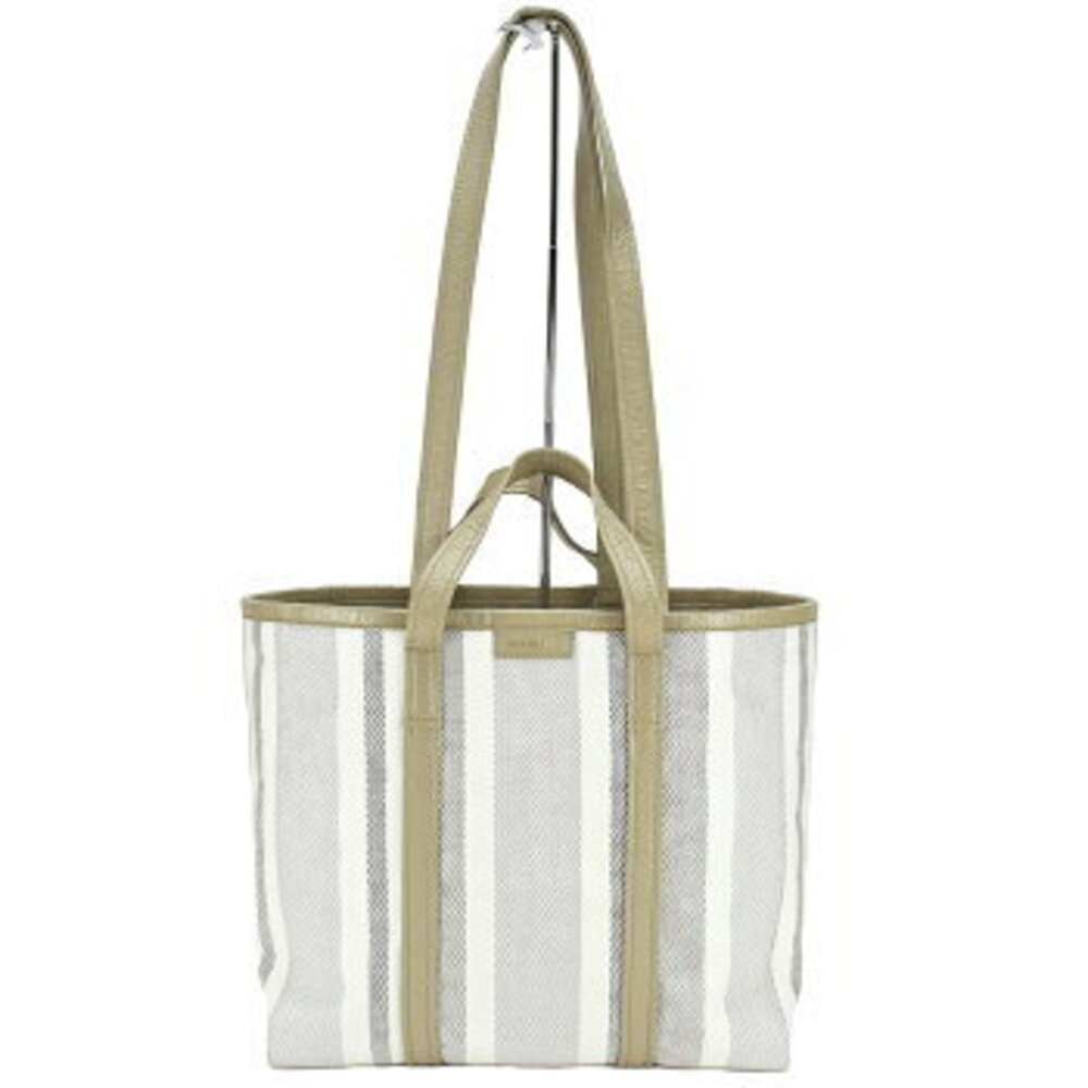 Balenciaga BARBES Tote Bag Leather Canvas Beige Tan Striped Shoulder - Picture 2 of 6